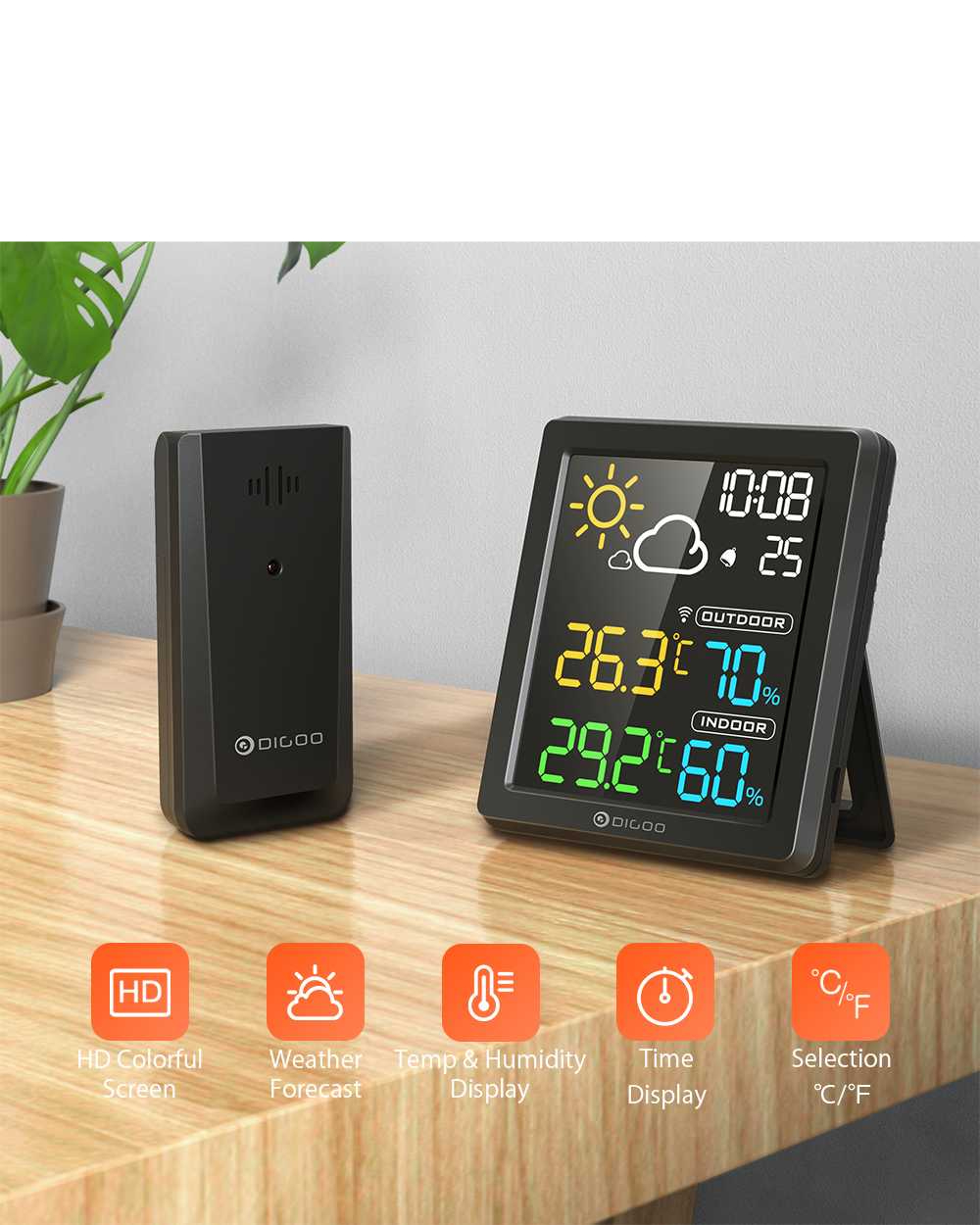 DIGOO DG-8647 Mini Colorful HD Screen LCD Weather Station Alarm Clock Smart Hygrometer Thermometer Snooze Dual Desktop Clock