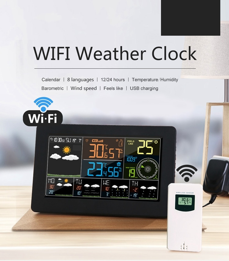 Digital Alarm Wall Clock WiFi Weather Station Indoor Outdoor LCD Temperature Humidity Meter Barometer Wind Weather APP Forecast