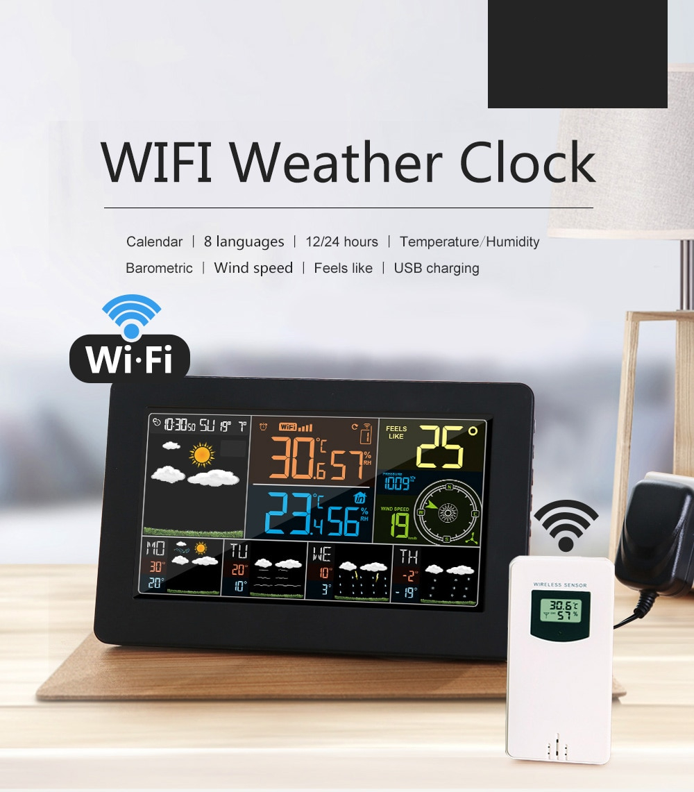 FanJu FJW4 Digital Alarm Wall Clock Weather Station wifi Indoor Outdoor Temperature Humidity Pressure Wind Weather Forecast LCD
