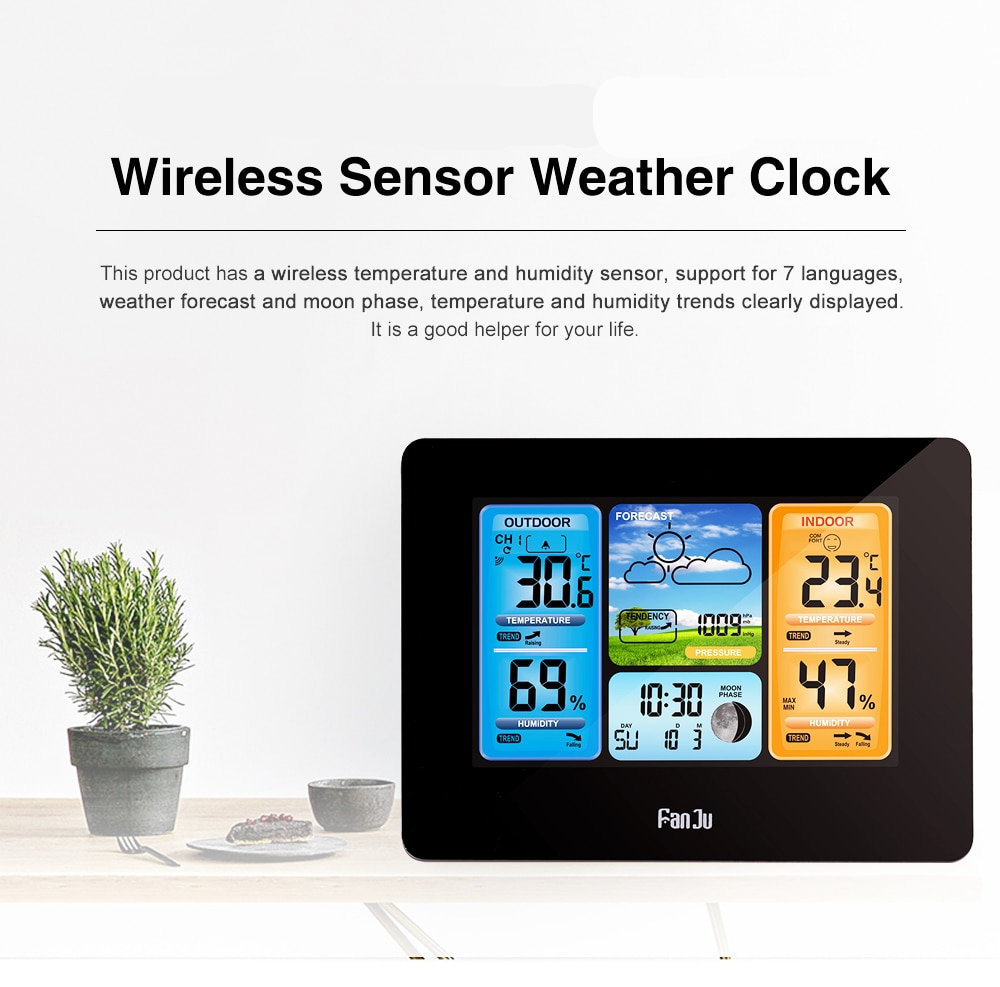 FanJu Wireless Digital Thermometer Hygrometer Barometer Weather Station Frost Alarm Clock Forecast Daily Electronic Wall Watch