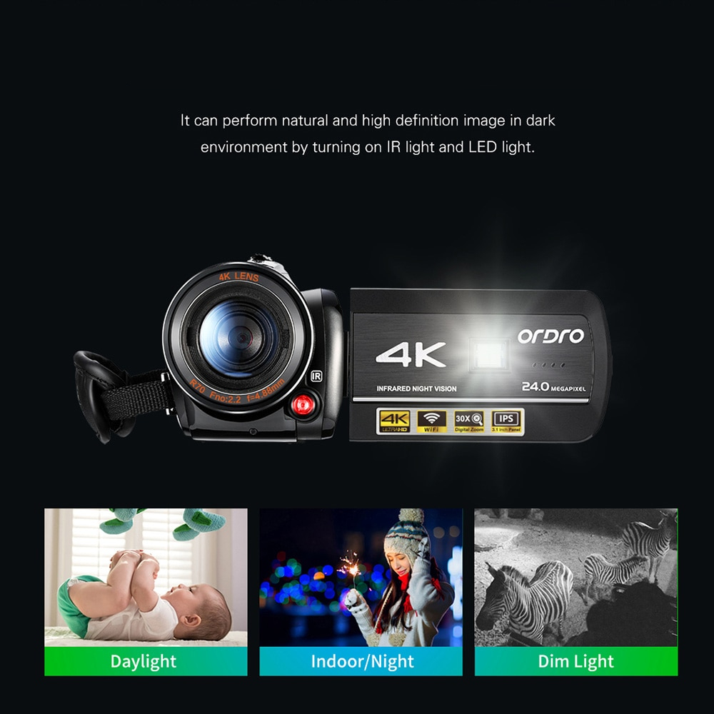 ORDRO AC3 4K WiFi Digital Video Camera Camcorder DV Recorder 24MP 30X Zoom IR Night Vision 3.1 Inch IPS LCD Touchscreen