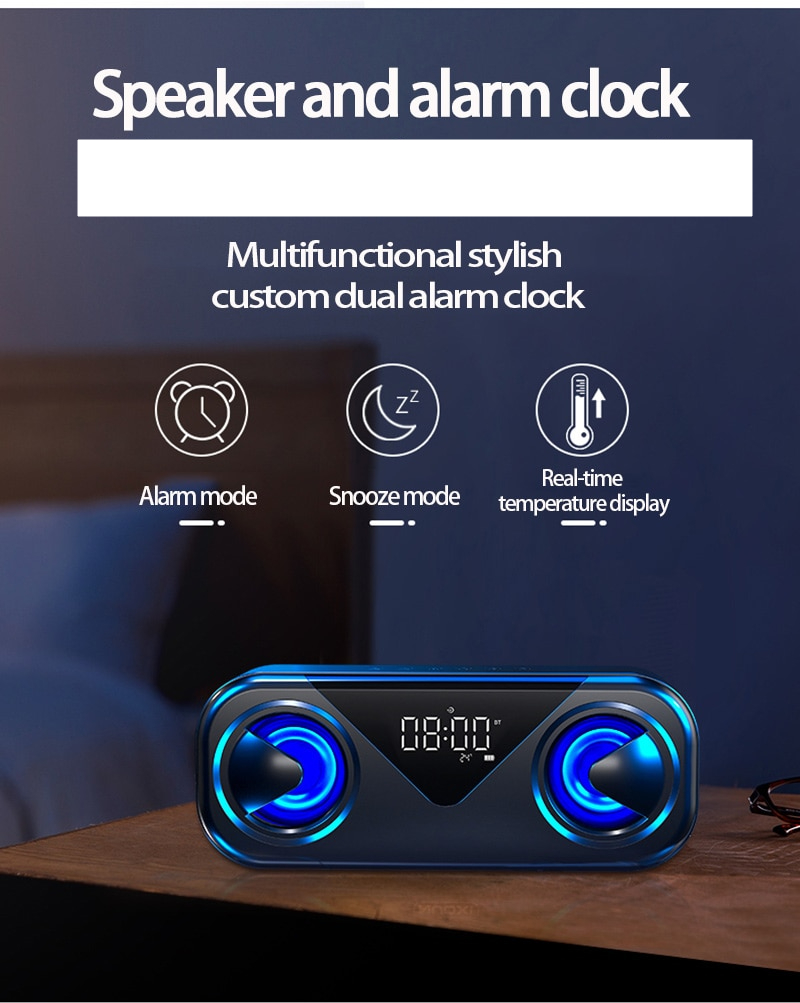 HIFI Bluetooth Speaker Portable Wireless Alarm Clock USB Sound Box Waterproof Outdoor Subwoofer 3D Stereo Sound Music Center