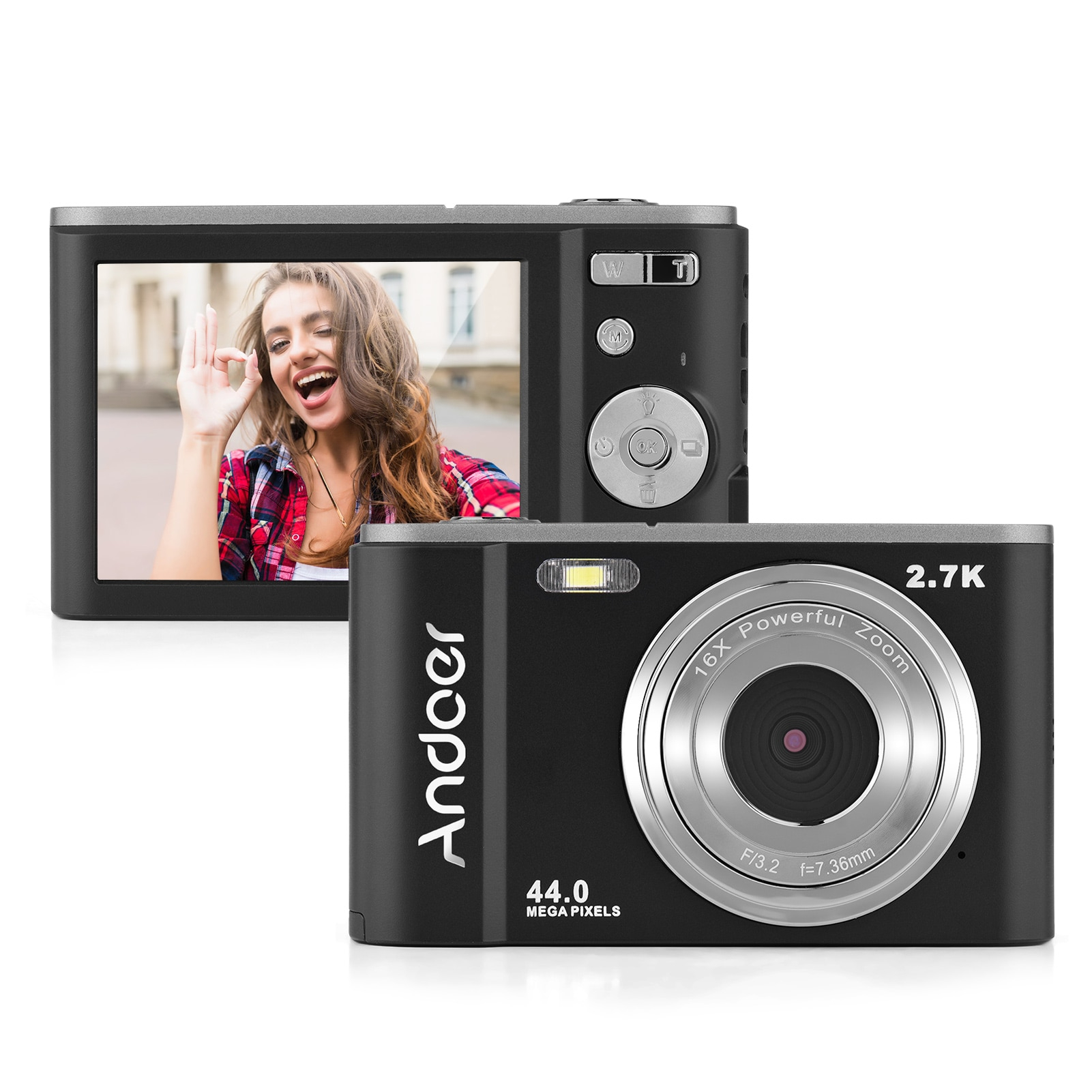 Andoer Mini Digital Camera 44MP 2.7K 2.88-inch IPS Screen 16X Zoom Self-Timer Face Detection Anti-shaking with 2pcs Batteries