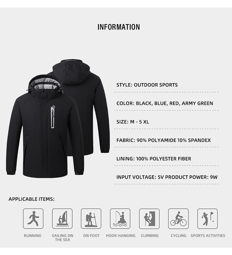 Men Warm USB Heating Jackets Smart Thermostat Hooded Heated Windproof Parkas Male Thick Thermal Coat Clothing Heatable Overcoat