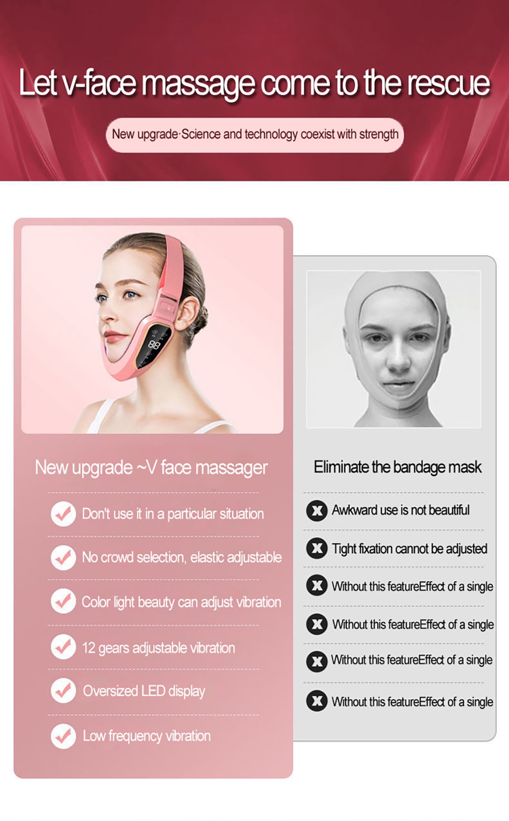 HSKOU Facial Lifting Device LED Photon Therapy Facial Slimming Vibration Massager Double Chin V-shaped Cheek Lift Face