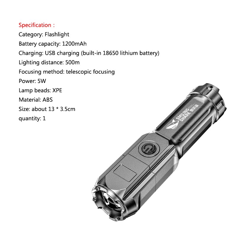 Extremely Bright ABS Strong Light Focus LED Flashlight Outdoor Portable Household Rechargeable Multi-function Luminou Flashlight