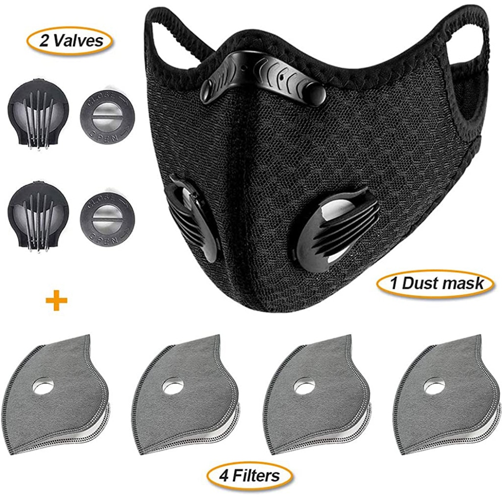 Sport Respiratory Mask For Men Black Dustproof Breathable Reusable Mask With 4pc Pm2.5 Filters 2 Sets Valves No Decoration