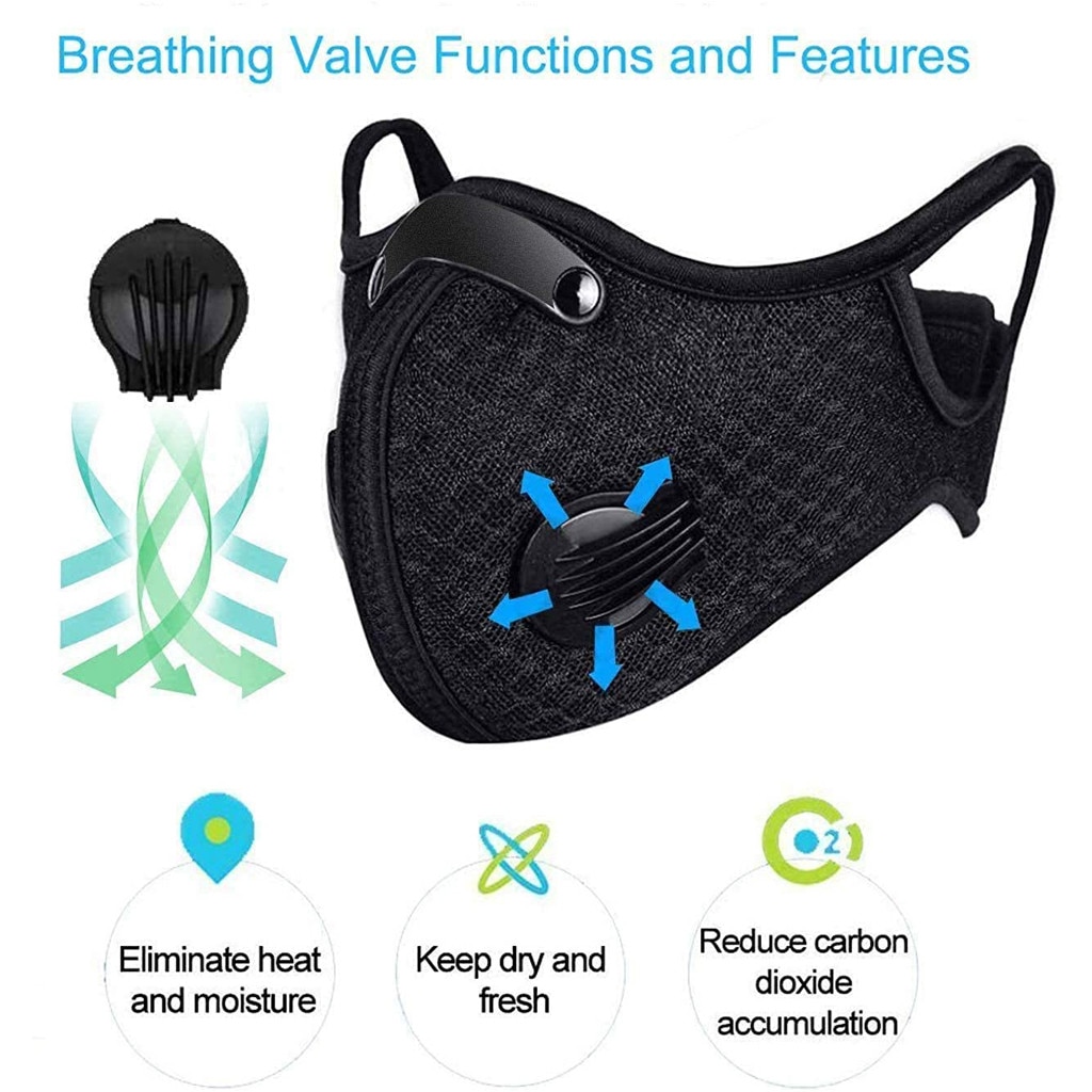 Sport Respiratory Mask For Men Black Dustproof Breathable Reusable Mask With 4pc Pm2.5 Filters 2 Sets Valves No Decoration